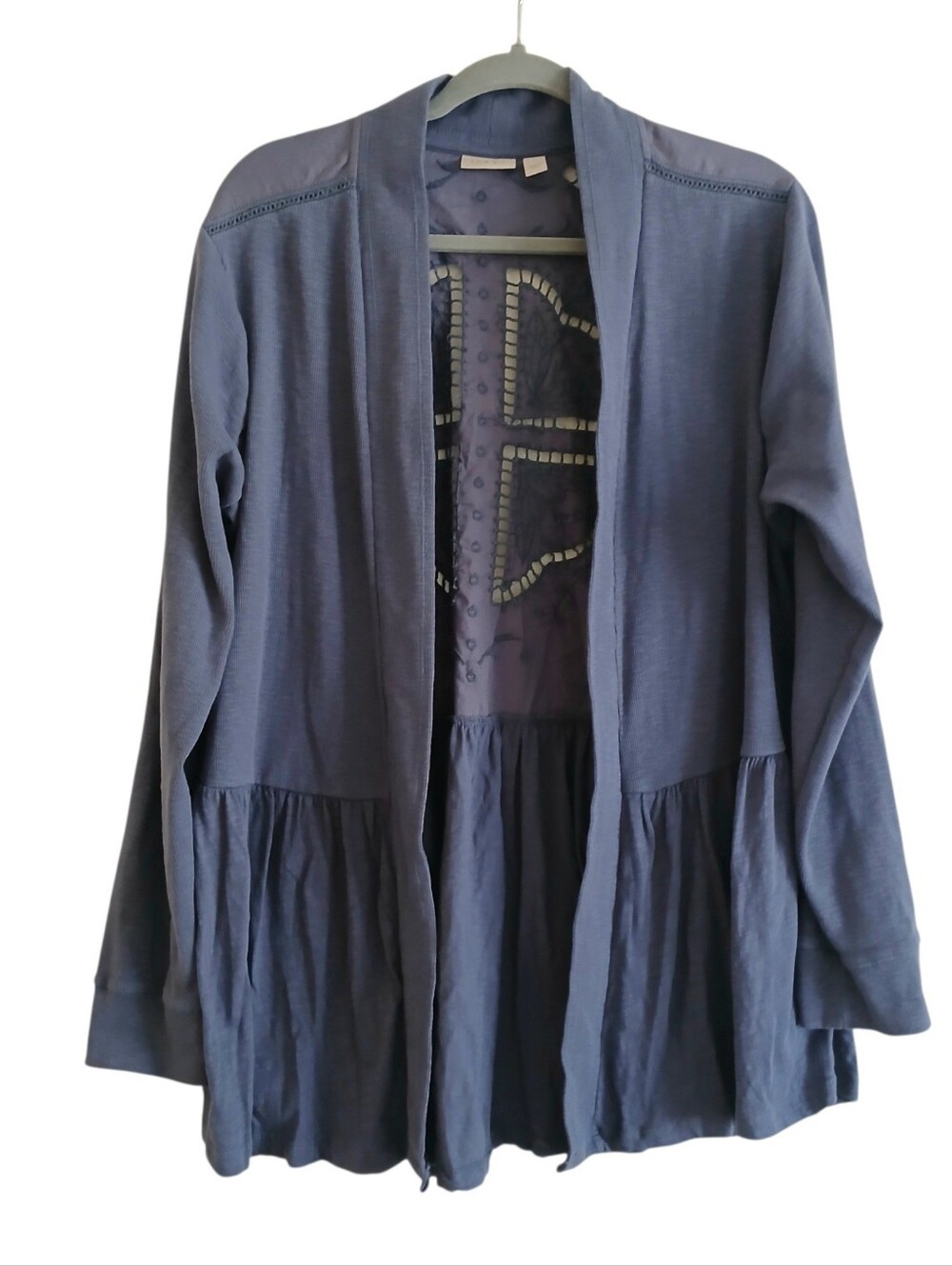 LOGO Lori Goldstein Embroidered Eyelet Peplum Cardigan Women's L Knit Layering